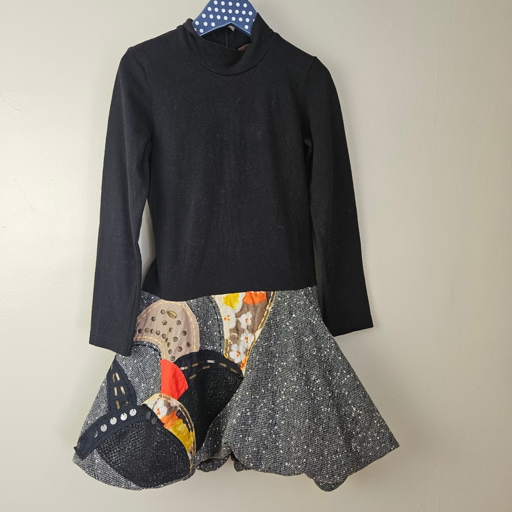 Catimini Bubble Dress Girls Sz 7 Black‎ Applique Tweed Long Sleeve